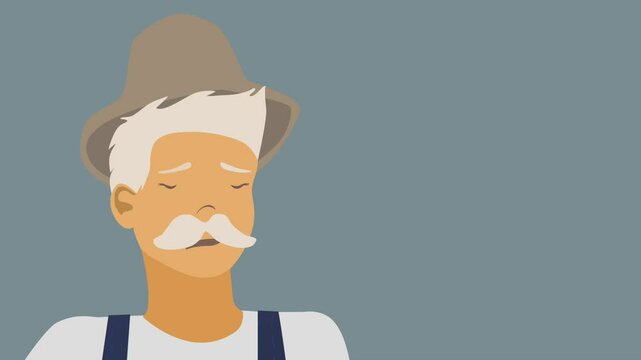 Animated or cartoon character, old man or grandfather with mustache, farmer in hat, lip sync, facial animation for storytelling. Male character head talking, looping animation frames in flat style