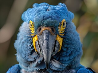 Close-Up of Blue Macaw with Intense Gaze and Detailed Feathers
