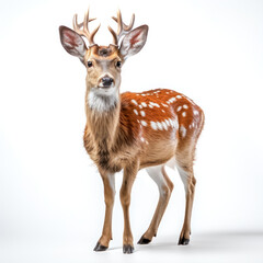 Fototapeta premium Hirsch mit schönem Geweih, freigestellt vor weißem Hintergrund, Generative AI