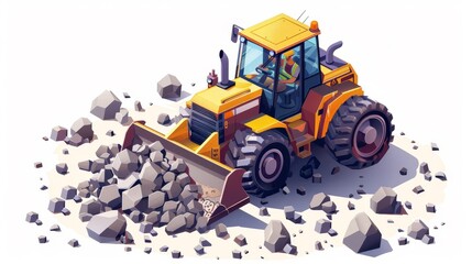 A yellow construction vehicle is driving over a pile of rocks