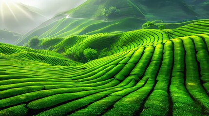 Fototapeta premium Lush Green Tea Plantation Hills With Morning Sunlight in Vietnam
