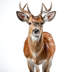 Fototapeta premium Hirsch mit schönem Geweih, freigestellt vor weißem Hintergrund, Generative AI