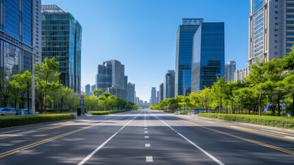 Empty Street in a Modern City With Skyscrapers and Greenery on a Sunny Day