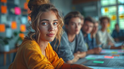 Fototapeta premium Young Professional in Team Meeting. Young professional woman with blue eyes participates in a team meeting, looking confident and engaged.