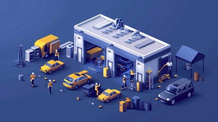 Fototapeta premium A group of people are working on cars in a garage