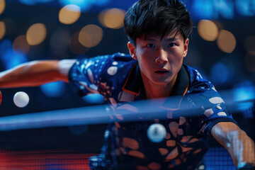 Competitive Table Tennis Player in Action with Focus and Determination During Professional Match Under Bright Stadium Lights, Capturing the Intensity and Skill of High Level Ping Pong Performance