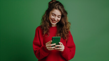 woman with a green phone and green background wearing a red sweater 
