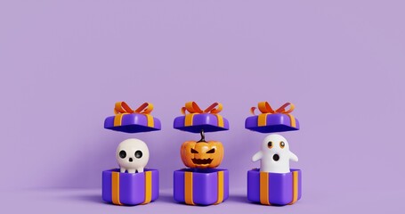 Fototapeta premium Cartoon gift boxes with Halloween Jack-o-Lantern pumpkins cute 3d render illustration. 