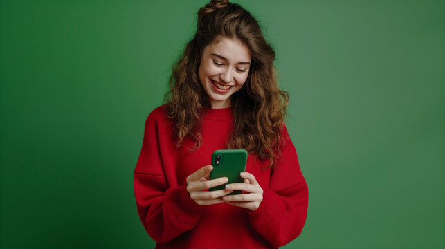 woman with a green phone and green background wearing a red sweater 