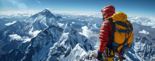 Epic Aerial Photograph of Mount Everest with Climbers in Red Jackets Reaching the Summit Surrounded by Stunning Snow Capped Peaks and Clear Blue Sky during a Majestic Winter Sunrise Adventure © pisan