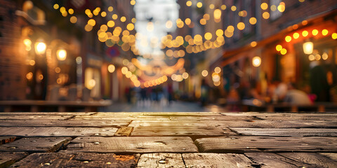 Weathered brick surface under warm light, with a blurred background of a bustling street market, suitable for artisanal foods or handmade crafts