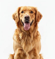 Golden Retriever Dog Sitting With Tongue Out and Happy Expression Against White Background