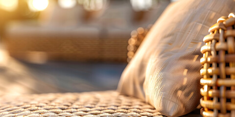 Woven wicker texture with soft lighting, set against a blurred background of a beachside patio, perfect for summer accessories or coastal decor