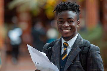 A high school student in a school uniform, holding papers, smiles confidently. He stands outdoors, with a blurred background suggesting a lively campus setting