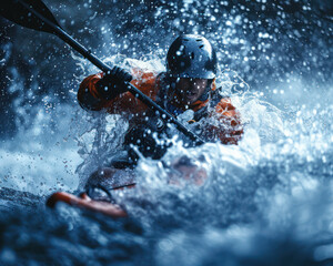 Naklejka premium Intense Water Sport Adventure Extreme Kayaking in Powerful Rapids Captures Thrilling Action and Adrenaline Pumping Experience for Enthusiastic Outdoor Adventure Lovers and Water Sports Fans