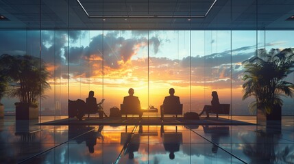 Business Professionals Waiting in Lobby at Sunset. Business professionals wait in a modern office lobby with large windows, plants, and a stunning sunset view.