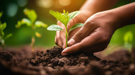 Hands gently planting a growing sprout in the earth, symbolizing human responsibility for nature conservation and making a symbolic gesture for environmental protection.
