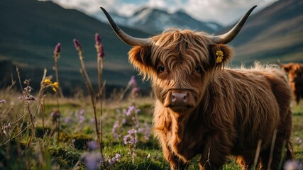 A young highland cow with a shaggy coat and long horns stands in a field of wildflowers, with majestic mountains and natural landscape in the background.