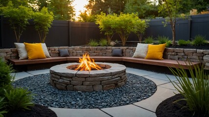 A beautifully designed modern outdoor firepit area surrounded by lush greenery and comfortable seating, perfect for social gatherings and relaxation.