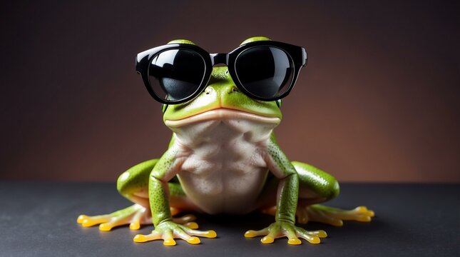 A simple yet cool green frog sporting black sunglasses against a plain background, embodying a sense of relaxed confidence and simplicity.