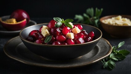 A visually appealing bowl of cranberry salad mixed with cheese cubes and garnished with fresh mint leaves, offering a refreshing and healthy culinary delight.