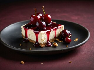 A divine slice of cheesecake topped with glistening cherries and a rich berry drizzle, served on a matte black plate, showcasing pure delight.