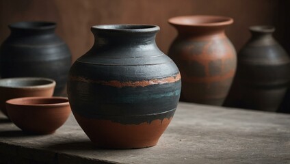 A rustic ceramic pot with teal and terracotta stripes is showcased, reflecting a blend of traditional handmade craftsmanship and natural earthy tones.