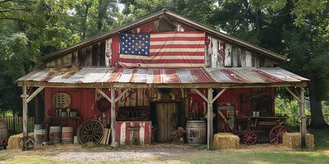 Fototapeta premium Vintage American Rural Barn with Rustic Decor and Flag