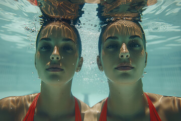 Two Women Floating Underwater with Reflections, Mirror Image, Symmetry, Calm, Tranquility, Unique Artistic Photography, Captivating Portrait, Underwater Serenity, Twins, Aqua, Art