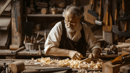 Carpenter working on wood in workshop