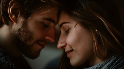 Intimate portrait of couple with foreheads touching