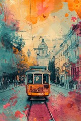 Obraz premium Vintage Tram Ride through Artistic Cityscape with Colorful Splashes