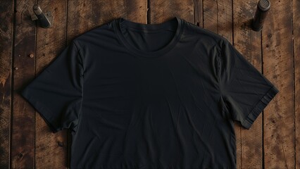 A black t-shirt on a wooden background