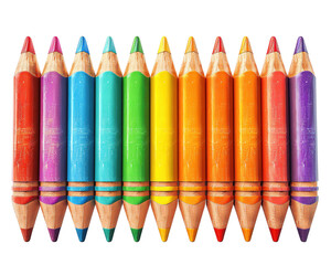 A vibrant set of colorful crayons lined up in a row, perfect for art, drawing, and creative projects. High-quality and bright colors.