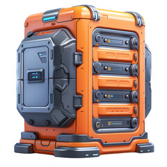 Futuristic orange data storage unit with a robust and industrial design, ideal for technology and science fiction themes.