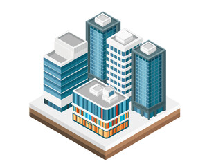 Three-dimensional isometric view showcasing buildings. Urban modern city design, vector illustration isolated on white background