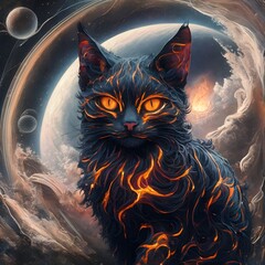 A molten filigree cat, spatial concept art, thick brush oil painting.