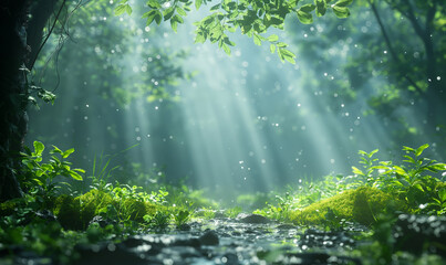 Sunbeams Filter Through Lush Green Forest