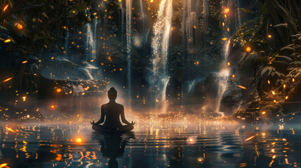 Spiritual Human transcendental meditating in lotos position in universe nature blue space cosmos in lake. Futuristic meditation background chakras energy practicing yoga concept. Astral silhouette