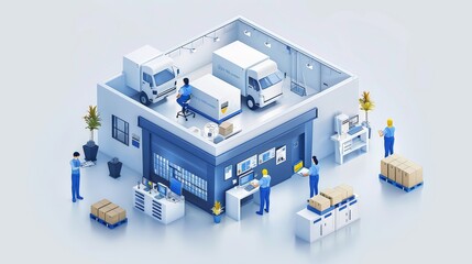 Obraz premium Three men are working in a warehouse, with one man sitting at a desk