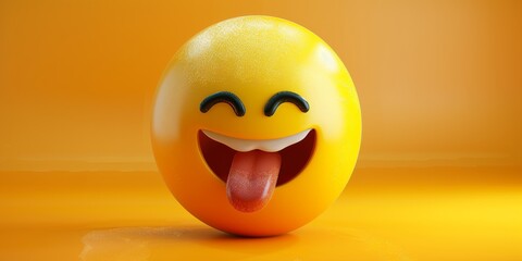 Fototapeta premium High-quality 4K image of a mischievous 3D emoji sticking out its tongue against a vibrant yellow backdrop, ideal for digital communication and social media projects