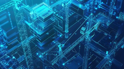 Abstract digital illustration of a futuristic construction site with neon blue tones and technological elements.