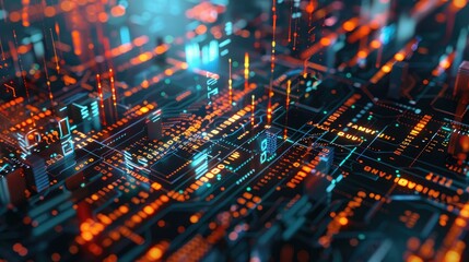Abstract futuristic technology circuit board background with vibrant neon lights illustrating digital data and technology. High resolution.