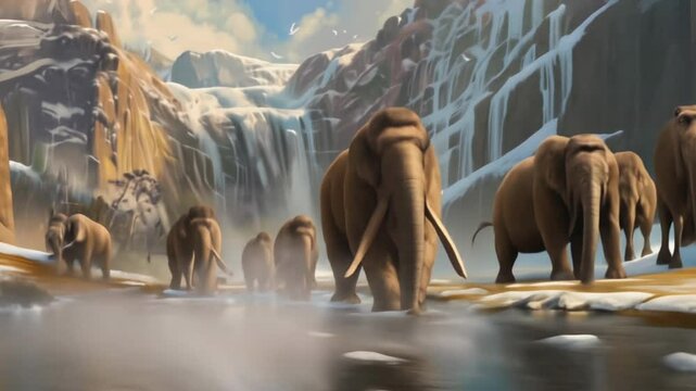 Ancient extinct animals walk around during Ice Age. Family of woolly mammoths, flock of prehistoric elephants migrating. Herd of Jurassic mammals. Beautiful snowy mountains background. Wild nature.
