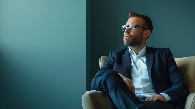 A businessman sitting in a chair, looking thoughtful and staring off into the distance,