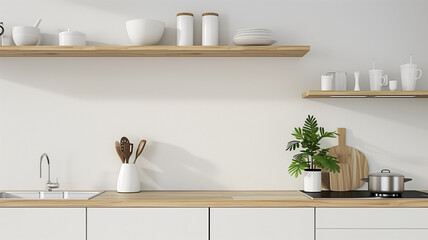 Minimalist kitchen interior with clean white surfaces, wooden countertops, and shelves, decorated with kitchenware and plants