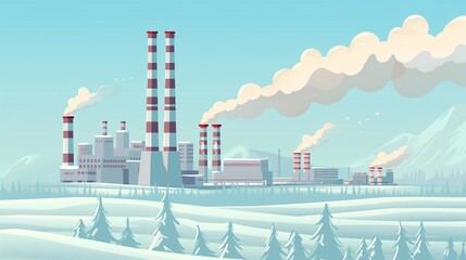 Obraz premium Stylized illustration of an industrial plant emitting smoke against a snowy landscape, highlighting environmental impact