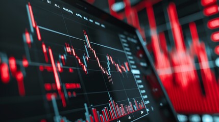 Close-up view of financial trading charts and data on multiple screens, showcasing market trends and stock analysis in red light setting.
