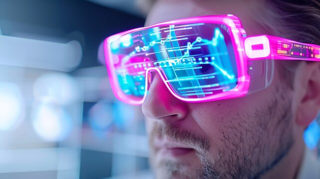 Person wearing futuristic AR glasses with glowing digital interface, representing advanced technology and immersive virtual experiences.