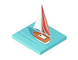 Three-dimensional isometric view of modern boat ship on water vector illustration isolated on white background